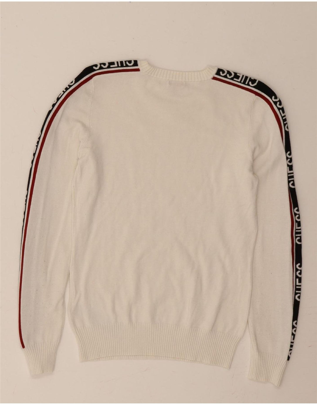 GUESS Womens Graphic Crew Neck Jumper Sweater UK 10 Small White Rayon Vintage Guess and Second-Hand Guess from Messina Hembry 