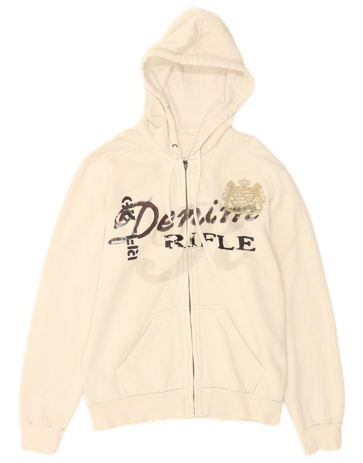 Maglione con cappuccio e zip grafica da uomo Rifle in cotone bianco medio