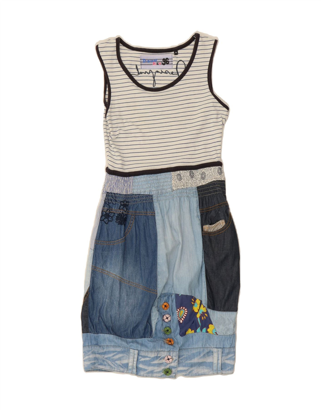 DESIGUAL Womens Sleeveless Basic Dress EU 36 Small White Patchwork Cotton Vintage Desigual and Second-Hand Desigual from Messina Hembry 