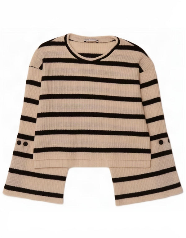 Zara maglione da donna corto con scollo a barchetta UK 10 piccolo a righe bianche