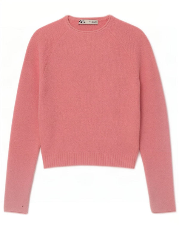 Maglione corto girocollo da donna Zara UK 8 piccolo nylon rosa