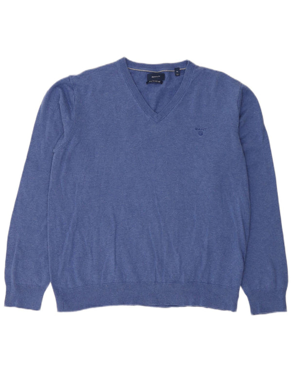 Gant Mens V-Neck Jumper Sweater XL Blue Cotton