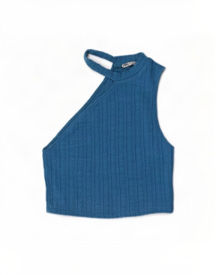 Top Zara da donna in maglia corta con spalle scoperte UK 12 Blu medio
