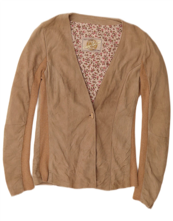 Giacca blazer in pelle scamosciata da donna a 1 bottone Trademark UK 10 Small Beige Colourblock