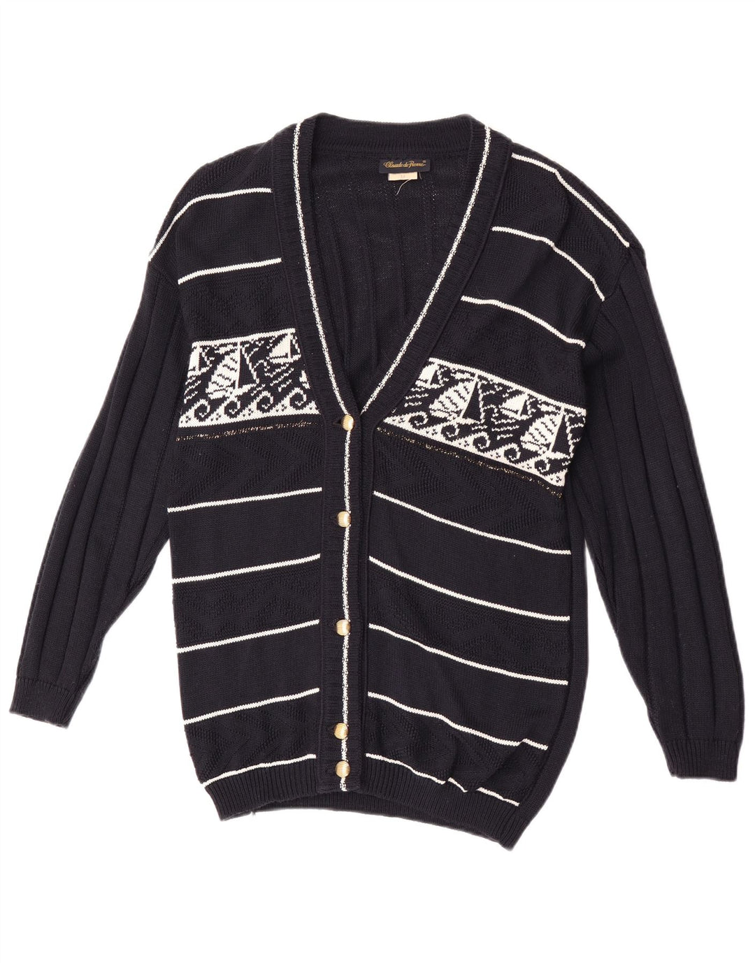 Maglione cardigan da donna Claude De Pierre UK 14 Medio blu navy geometrico