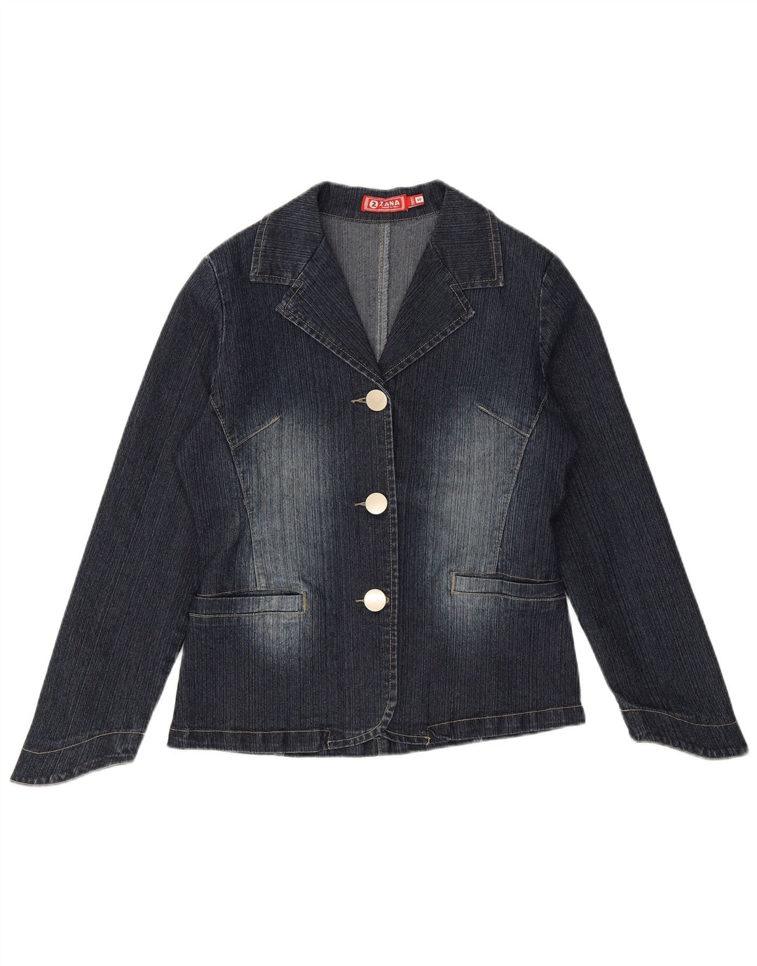 Giacca blazer in denim a 3 bottoni da donna VINTAGE UK 10 piccola in cotone blu navy