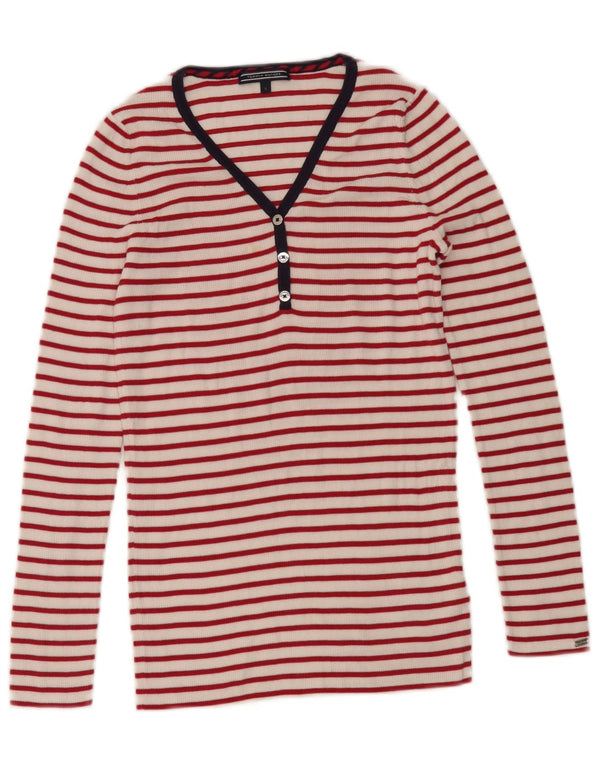 Tommy Hilfiger Donna Top Manica Lunga UK 10 Piccolo Cotone a Righe Bianche
