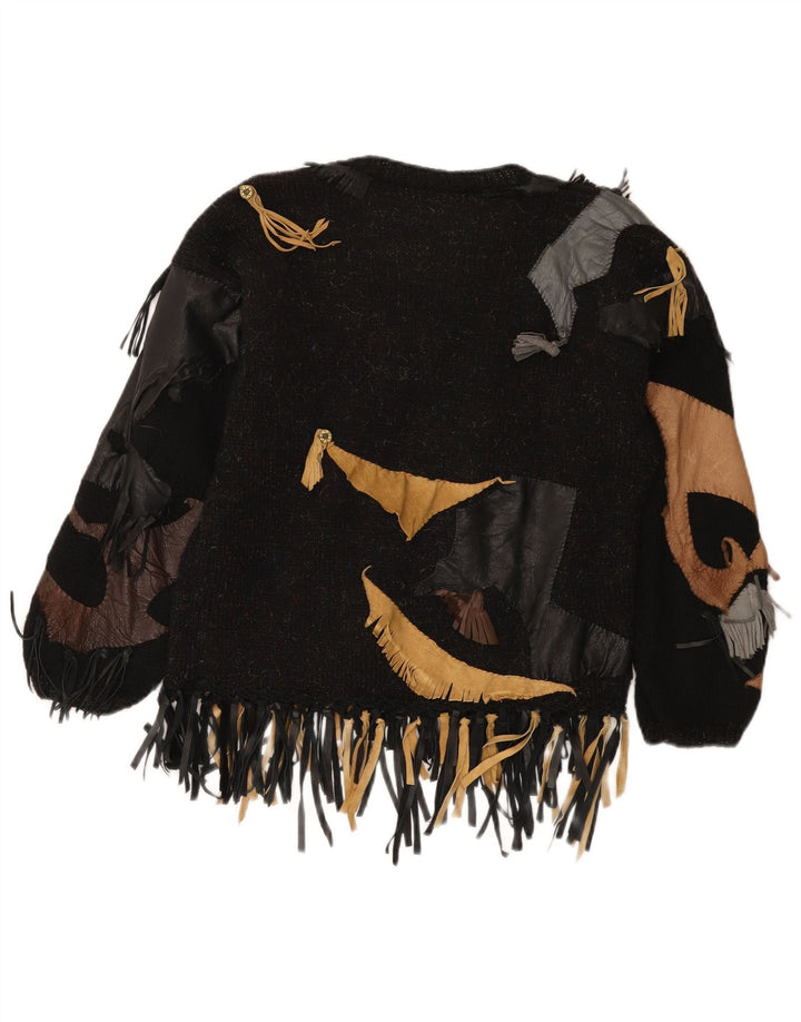 Maglione maglione vintage da donna con scollo a barca UK 14 Patchwork nero medio