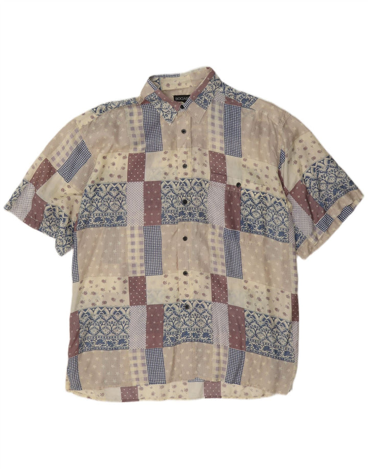 Camicia Bogari da uomo a maniche corte XL in seta patchwork multicolore