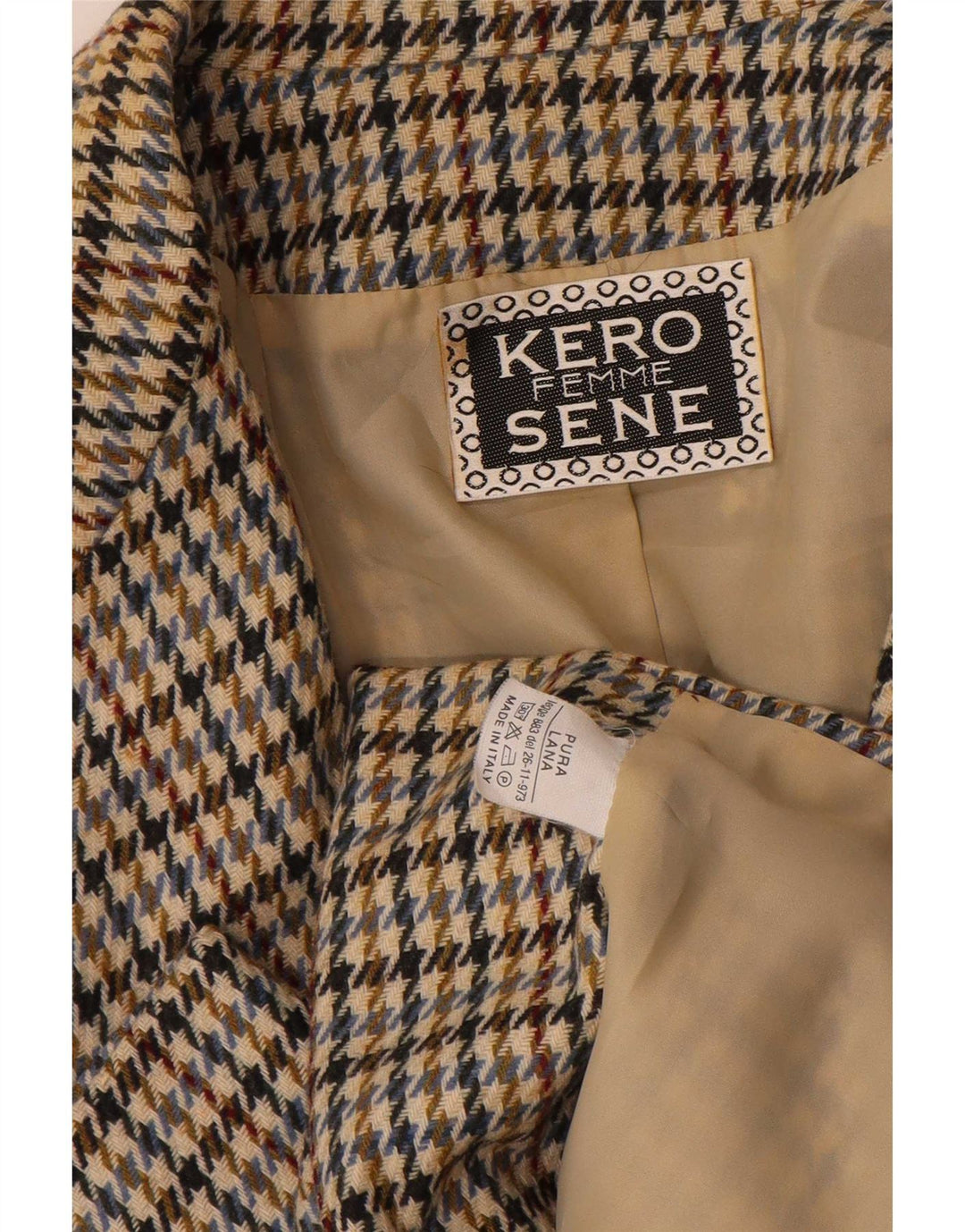 Giacca blazer vintage da donna a 2 bottoni UK 14 grande pied de poule beige