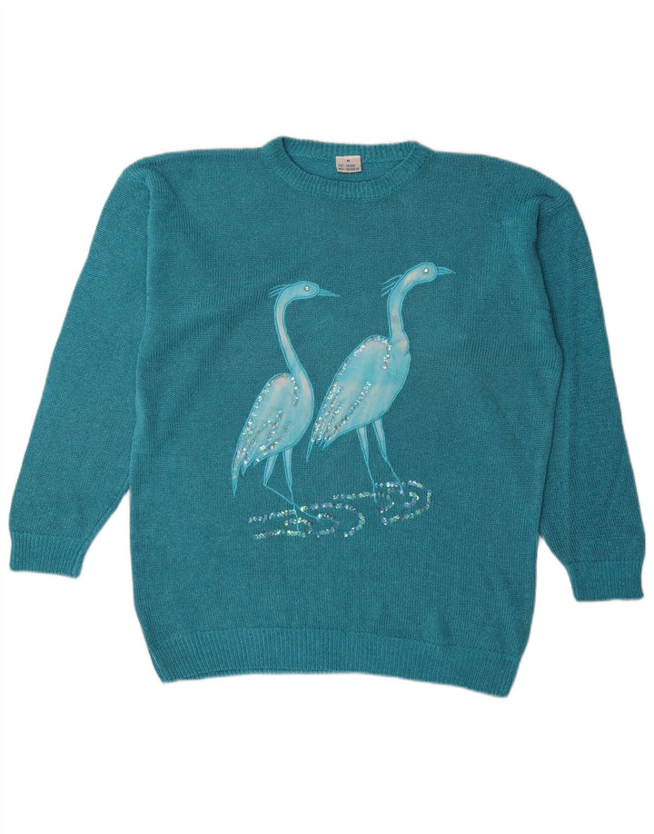 Maglione da donna vintage con scollo a barca oversize con grafica UK 14 Blu medio