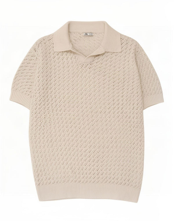 Maglione Zara da uomo a maniche corte con collo a polo all'uncinetto, grande, bianco sporco