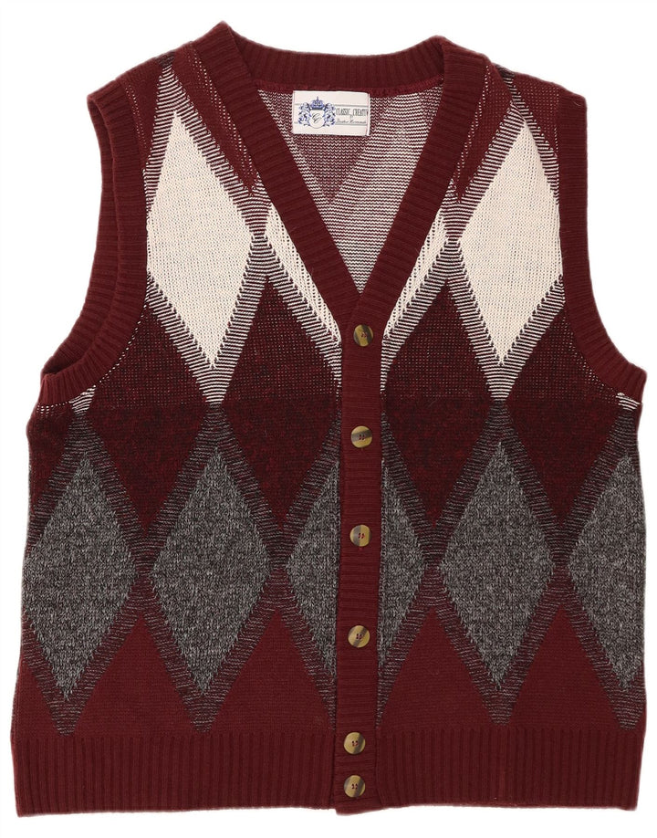 Maglione cardigan vintage da uomo grande bordeaux a rombi/diamante