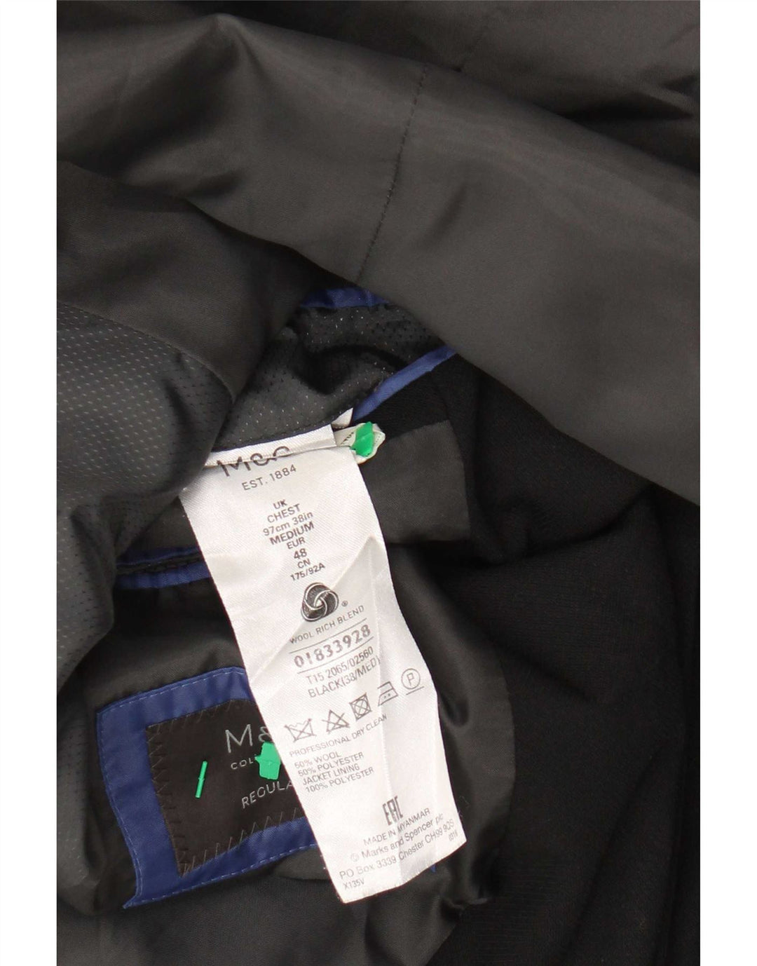 Giacca blazer a 2 bottoni da uomo Marks & Spencer UK 38 media nera in lana vergine