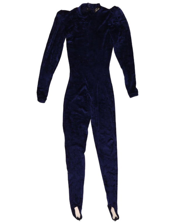 Tuta vintage da donna con staffa in velluto UK 6 XS blu navy in poliammide