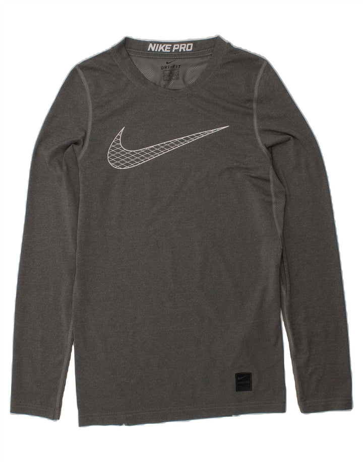 NIKE Boys Dri Fit Graphic Top Long Sleeve 13-14 Years XL Grey Polyester Vintage Nike and Second-Hand Nike from Messina Hembry 