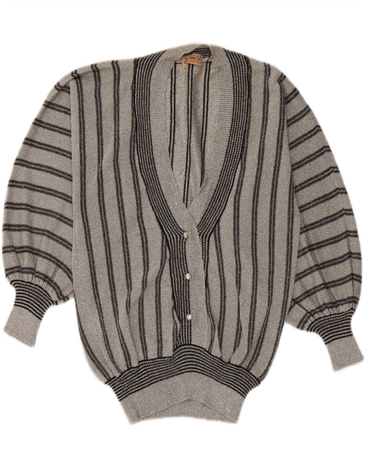 Maglione da donna con scollo a V VINTAGE UK 12 sintetico a righe grigio medio