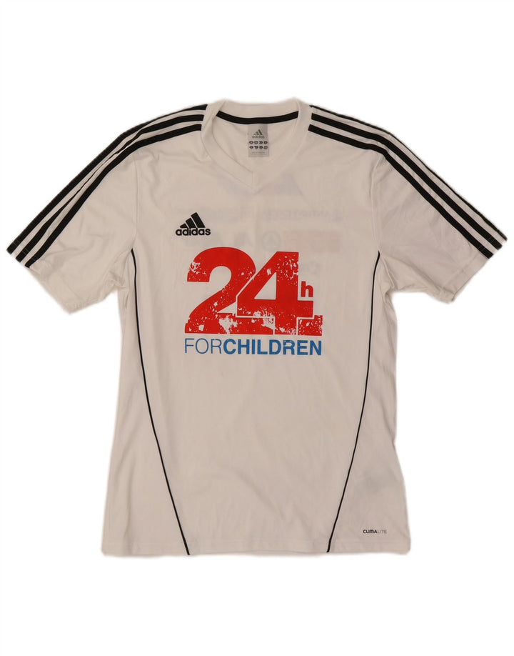 T-shirt grafica ADIDAS da uomo Climalite, piccola, in poliestere bianco