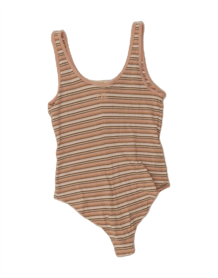 LEVI'S Womens Sleeveless Bodysuit UK 8 Small Beige Striped Vintage Levi's and Second-Hand Levi's from Messina Hembry 
