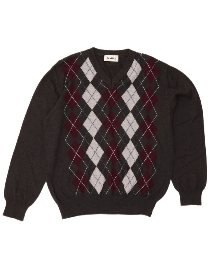 Maglione vintage da uomo con scollo a V XL grigio a rombi/lana diamante
