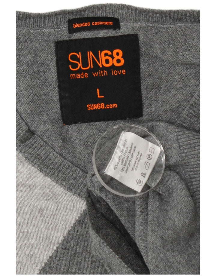 Maglione da uomo con scollo a V Sun68 grande cotone grigio a rombi/diamante