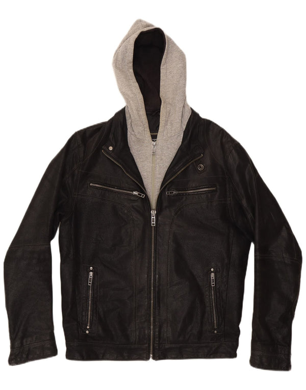 Giacca in pelle con cappuccio da uomo Angelo Litrico UK 36 Small Black Colourblock
