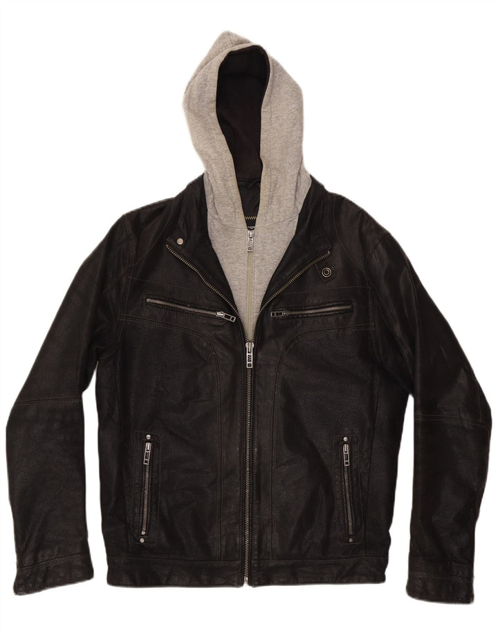 Giacca in pelle con cappuccio da uomo Angelo Litrico UK 36 Small Black Colourblock