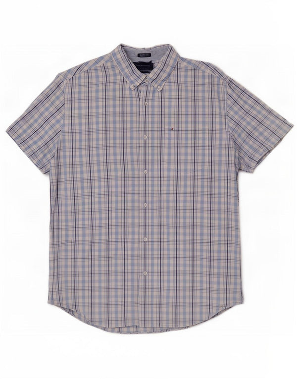 Camicia da uomo a maniche corte personalizzata Tommy Hilfiger XL in cotone a quadri blu