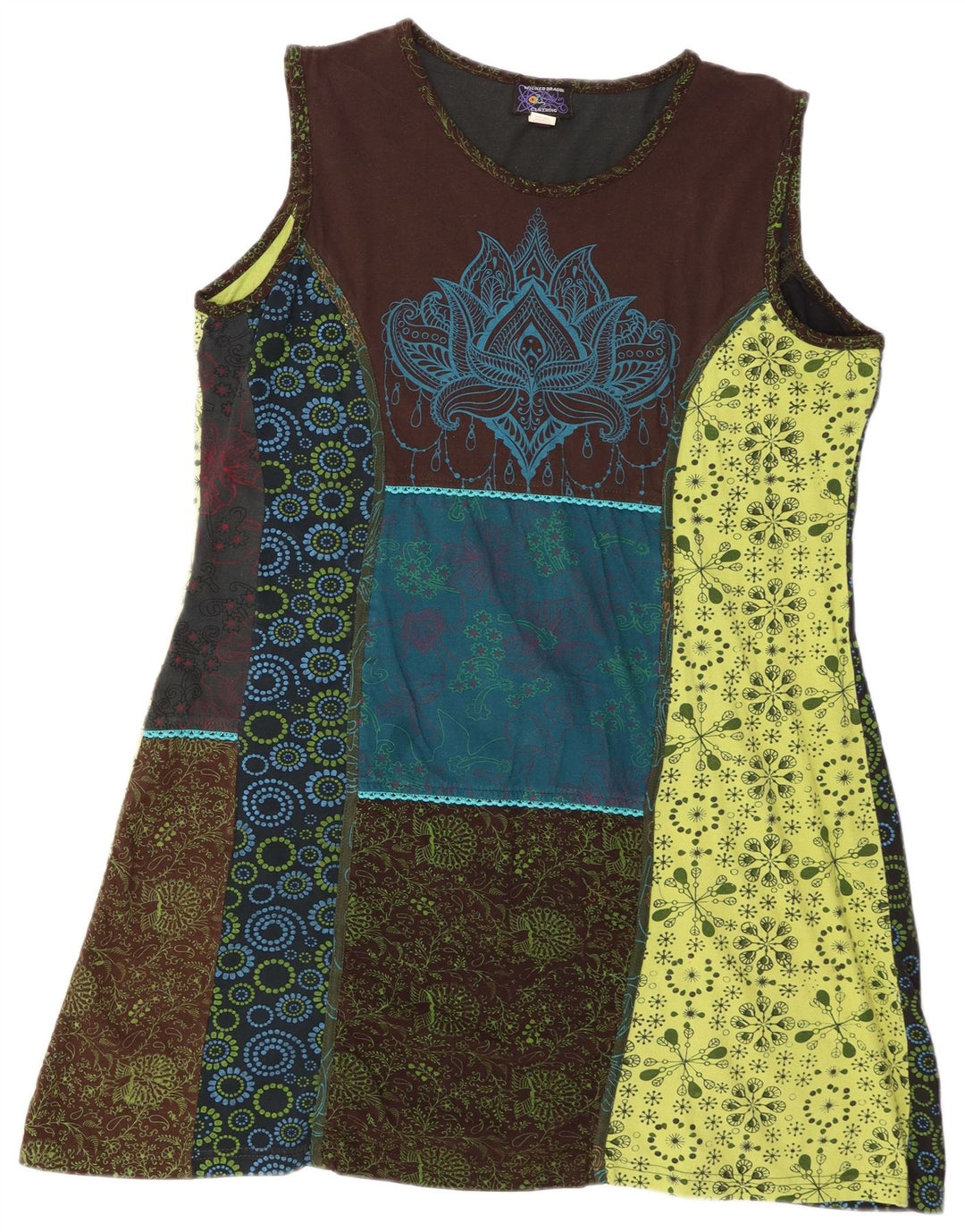 Abito a trapezio senza maniche vintage da donna UK 20 2XL Patchwork multicolore
