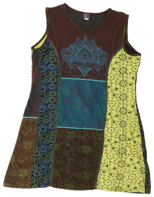 Abito a trapezio senza maniche vintage da donna UK 20 2XL Patchwork multicolore