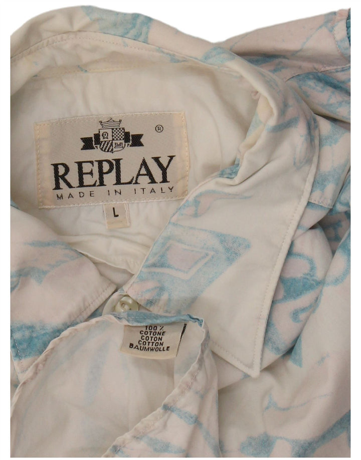 Replay Camicia da uomo con motivo astratto grande in cotone bianco sporco