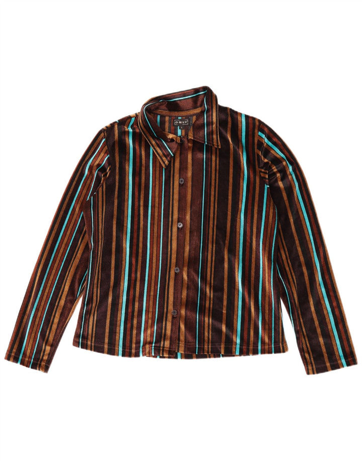 Solo camicia in velluto da donna camicetta UK 16 grande poliestere a righe marroni