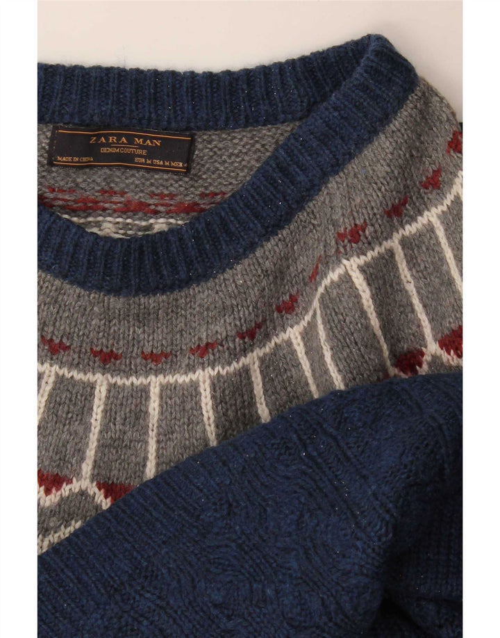 Maglione Zara da uomo con scollo a barca, blu navy medio, Fair Isle