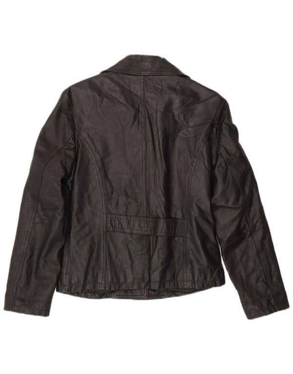 Giacca blazer in pelle vintage da donna a 3 bottoni UK 14 grande nera