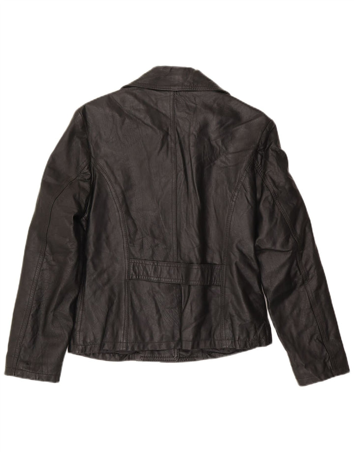 Giacca blazer in pelle vintage da donna a 3 bottoni UK 14 grande nera