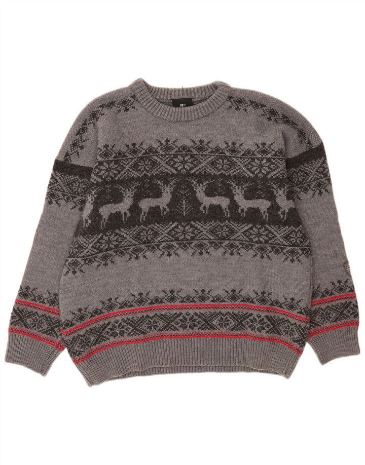 Hot Stuff Maglione girocollo da uomo maglione grande lana Fair Isle grigia