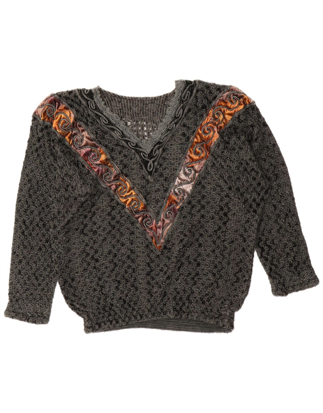 Maglione vintage da donna con scollo a V UK 14 Large Grey Colourblock