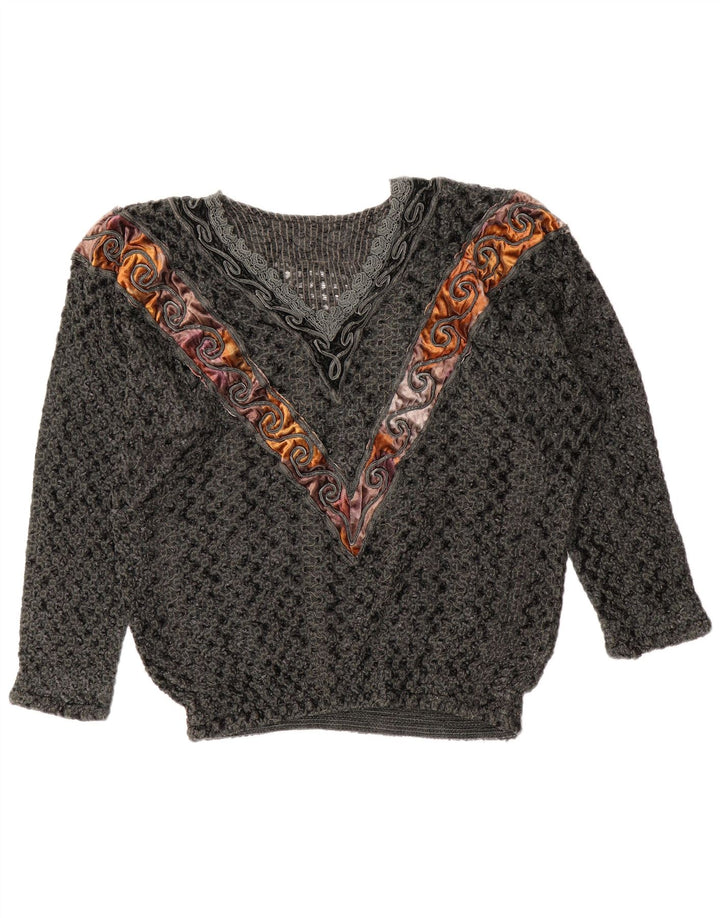 Maglione vintage da donna con scollo a V UK 14 Large Grey Colourblock