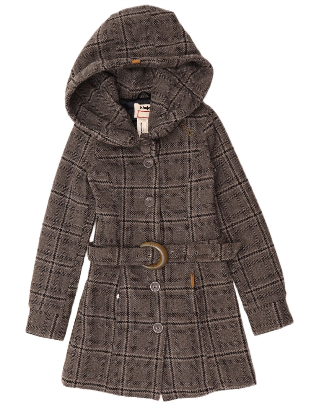 Soprabito con cappuccio da donna KHUJO UK 12 Lana a quadri grigio medio
