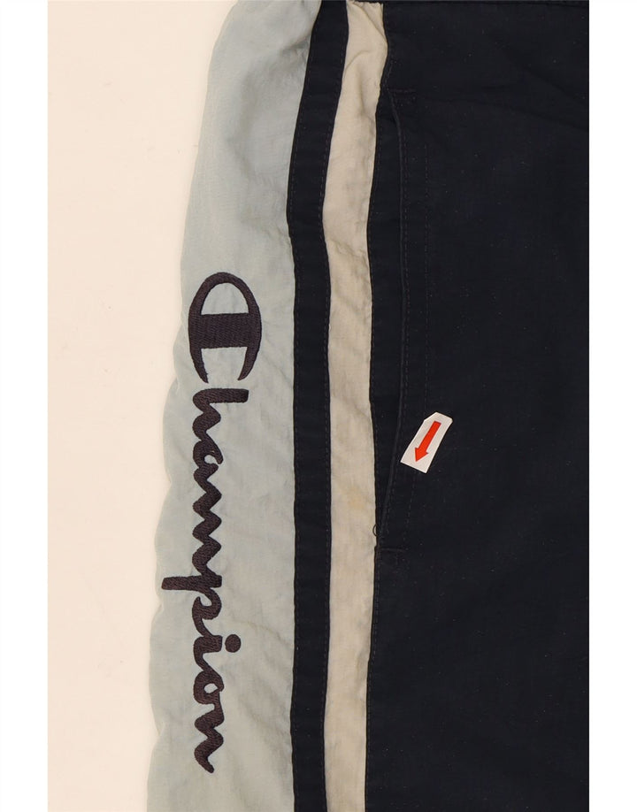 CHAMPION Mens Graphic Sport Shorts Small Navy Blue Colourblock Polyester