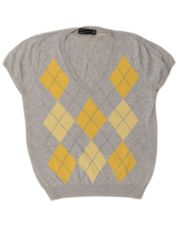 Maglione Zara da donna con scollo a V UK 14 grande grigio a rombi/diamante
