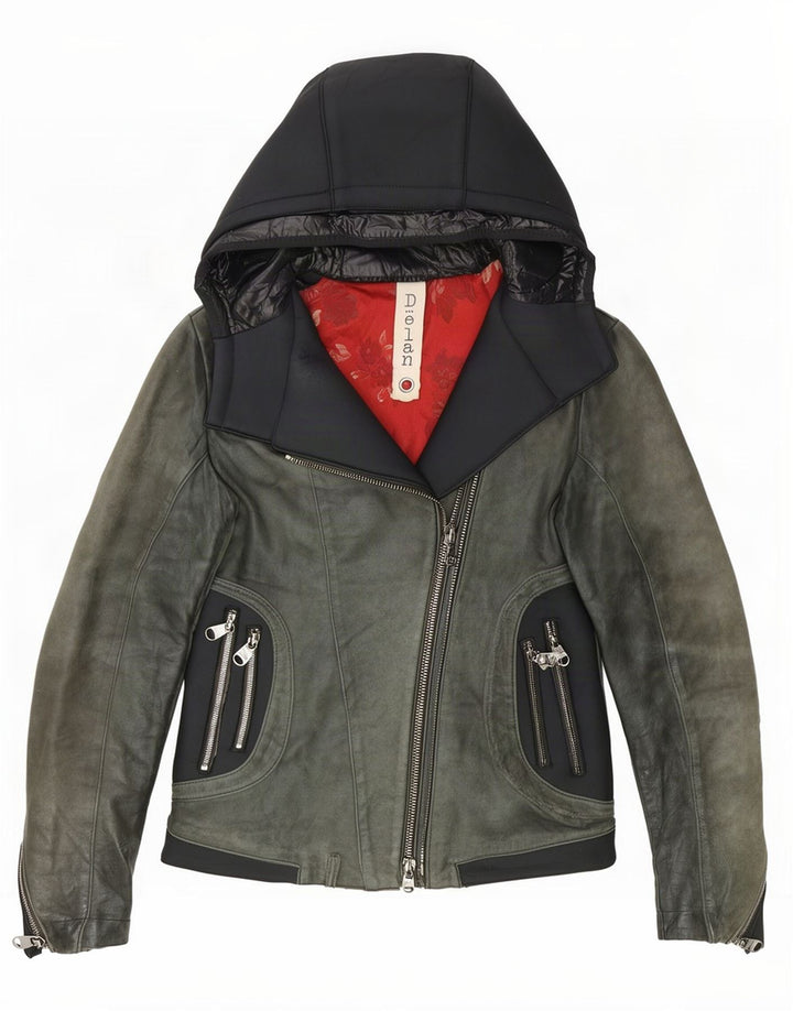 Giacca da motociclista in pelle con cappuccio da donna Delan IT 42 Colore verde medio