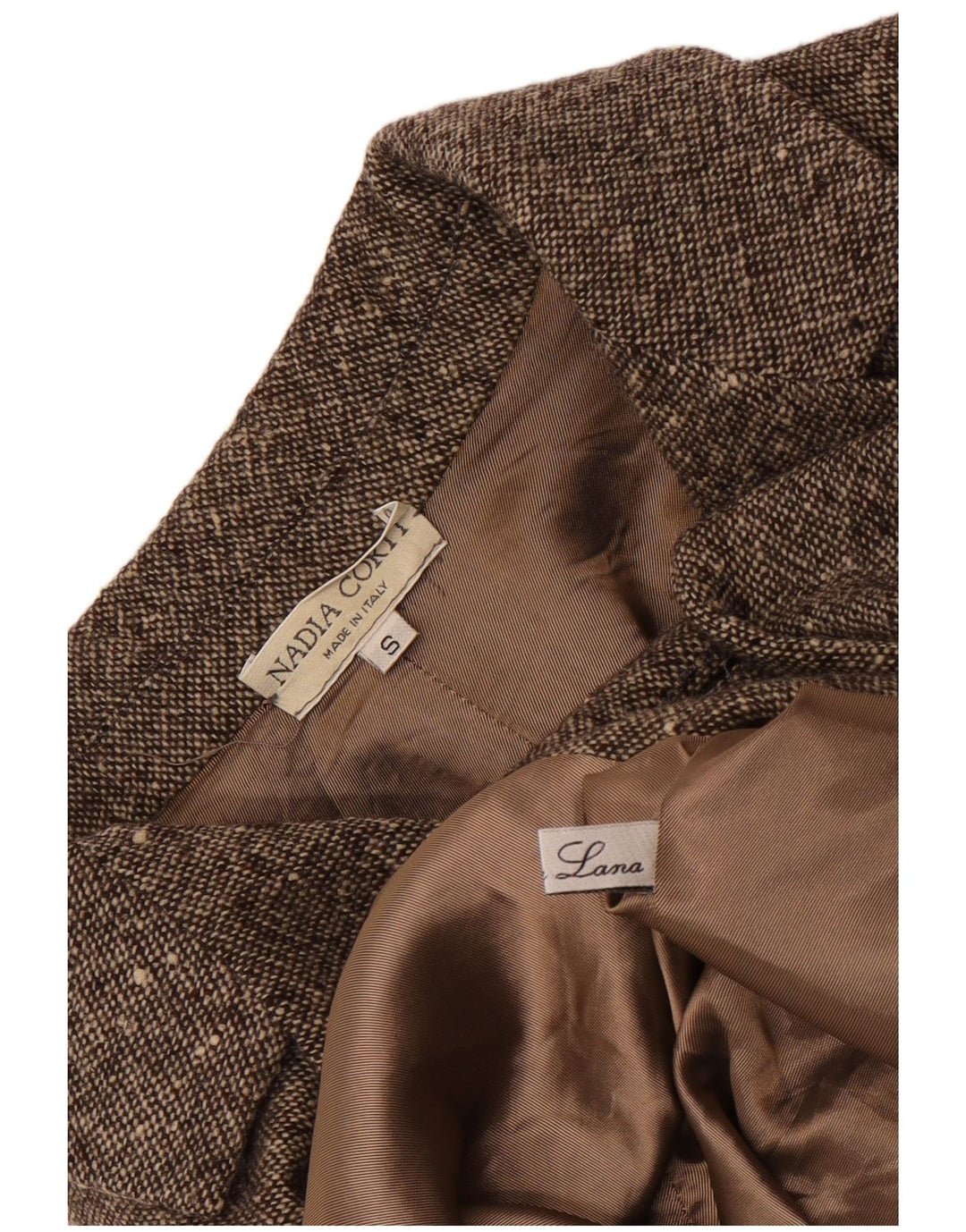Soprabito da donna vintage UK 10 piccolo in lana screziata beige
