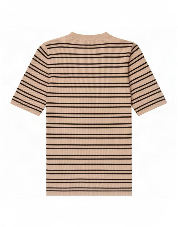Marks & Spencer Womens T-Shirt Top UK 14 Large Beige Striped Viscose
