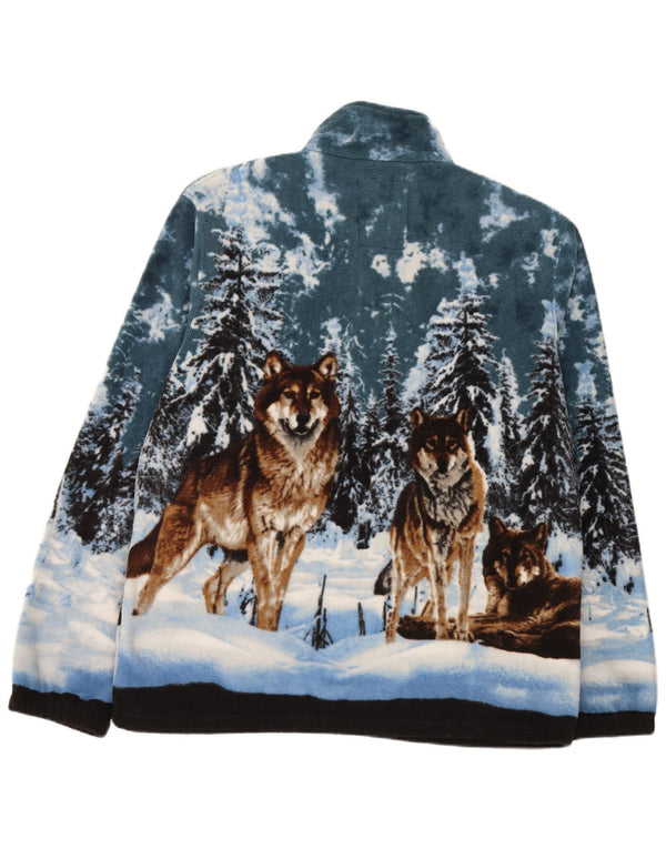 Atlas For Men Giacca in pile con grafica lupo da uomo UK 40 Grande stampa animale blu