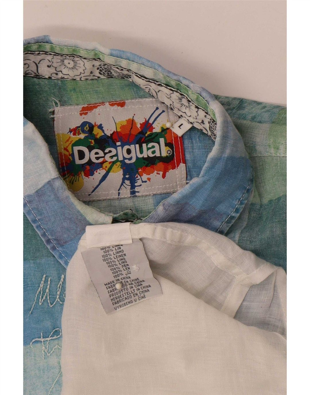Desigual Camicia a maniche corte con grafica da uomo in lino bianco a quadri grandi