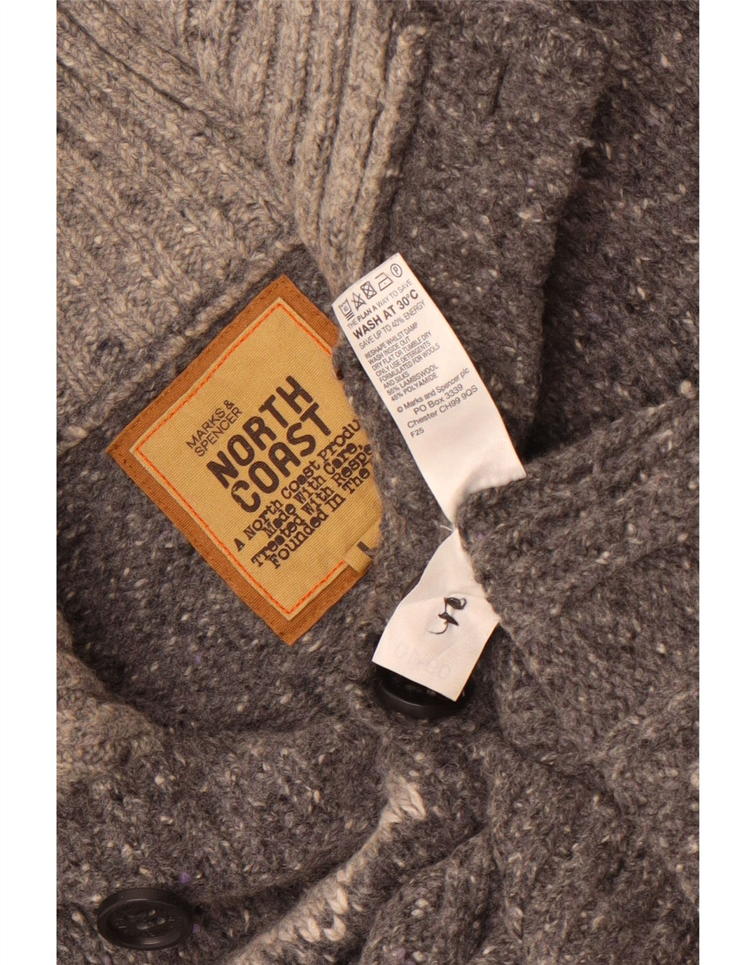Marks & Spencer Maglione da uomo con collo a bottoni Grande lana Fair Isle grigia