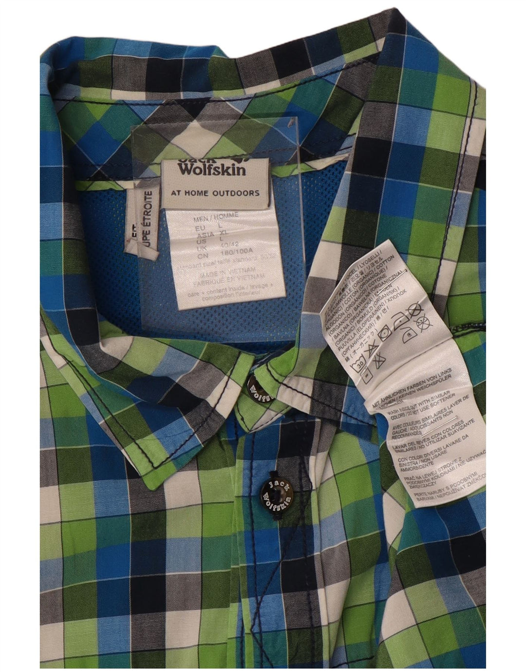 JACK WOLFSKIN Camicia a maniche corte da uomo UK 40/42 Cotone a quadri grandi blu