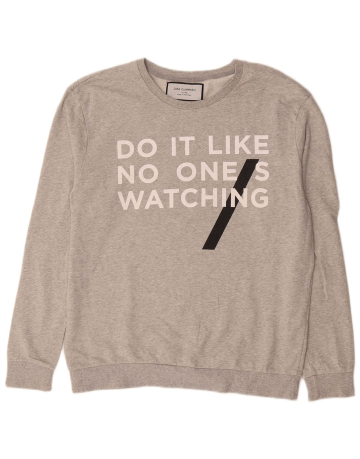Felpa con grafica Zara da uomo, maglione XL, cotone grigio