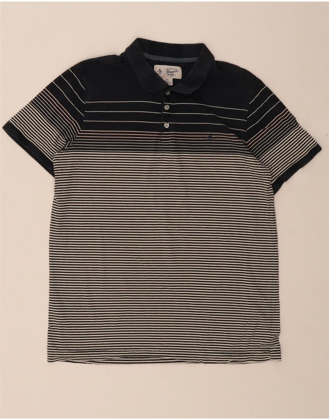 PENGUIN Mens Polo Shirt Large Black Striped Cotton Vintage Penguin and Second-Hand Penguin from Messina Hembry 